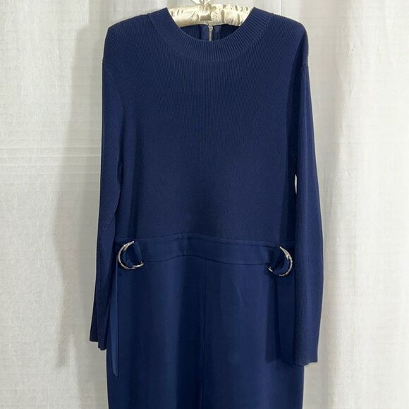 Ted Baker 5/14 Ellhad Navy Mock Neck Knit Combo Long Sl D-Belted Back Zip Dress - Picture 6 of 16